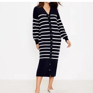 NWT LOFT navy white v-neck stripe long cardigan dress Sz L